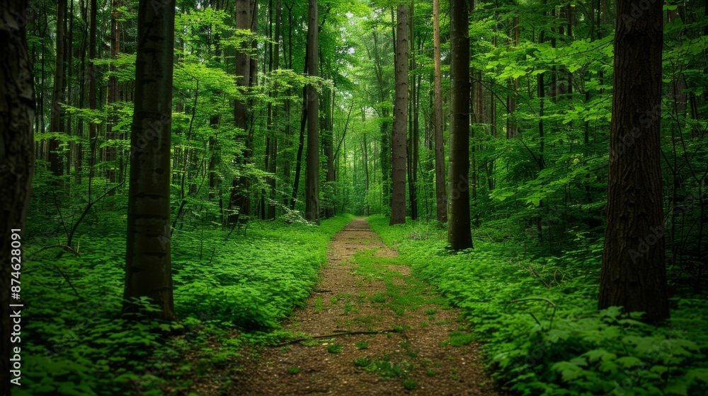 Obraz premium path covered in green leaves, with tall trees on both sides generative ai