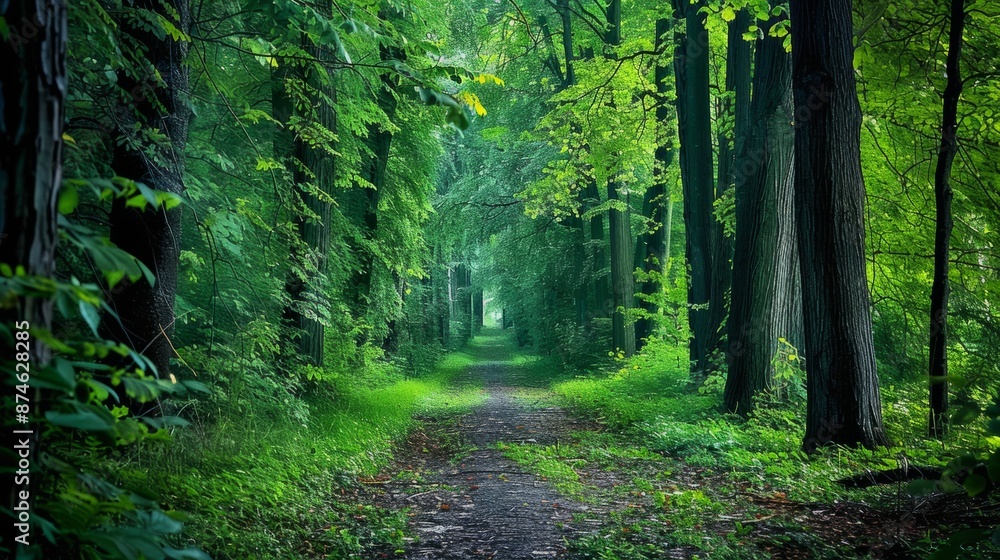 Fototapeta premium path covered in green leaves, with tall trees on both sides generative ai