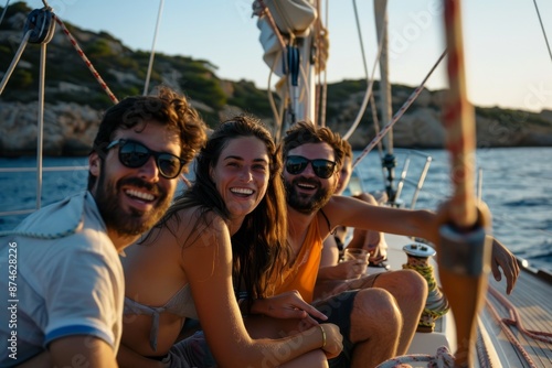 A group of friends enjoying the summer on a sailboat along the coast