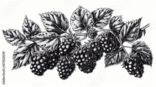A black and white drawing of a bunch of blackberries
