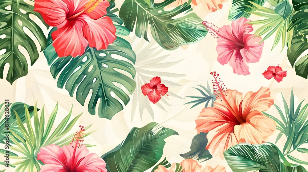 Tropical pattern seamless floral design with leaves and flowers. Background summer nature decorative exotic plant palm. Jungle art spring texture, abstract pink colorful hibiscus. Tropical pattern seamless floral design with leaves and flowers. Background summer nature decorative exotic plant palm. Jungle art spring texture, abstract pink colorful hibiscus.