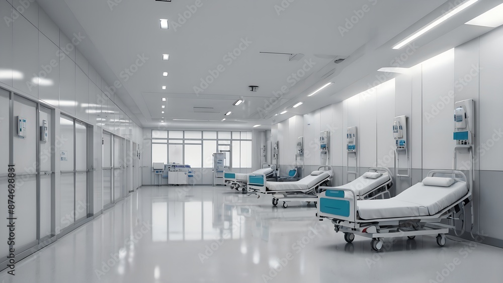 Obraz premium Clean and Modern Hospital Ward with Empty Beds
