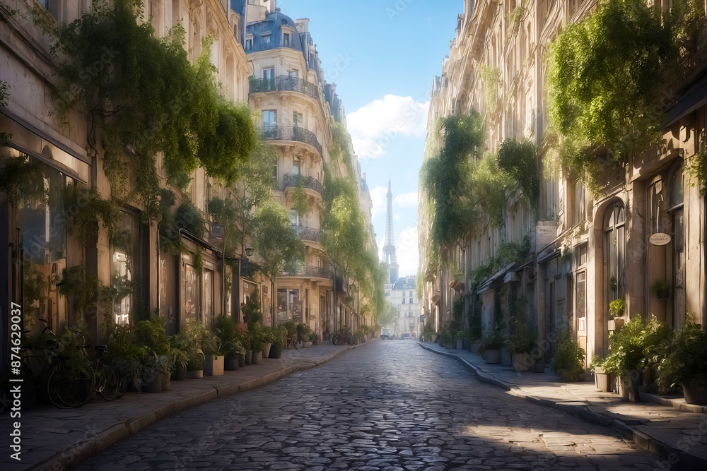 Fototapeta premium Parisian Street Scene with Eiffel Tower in the Distance