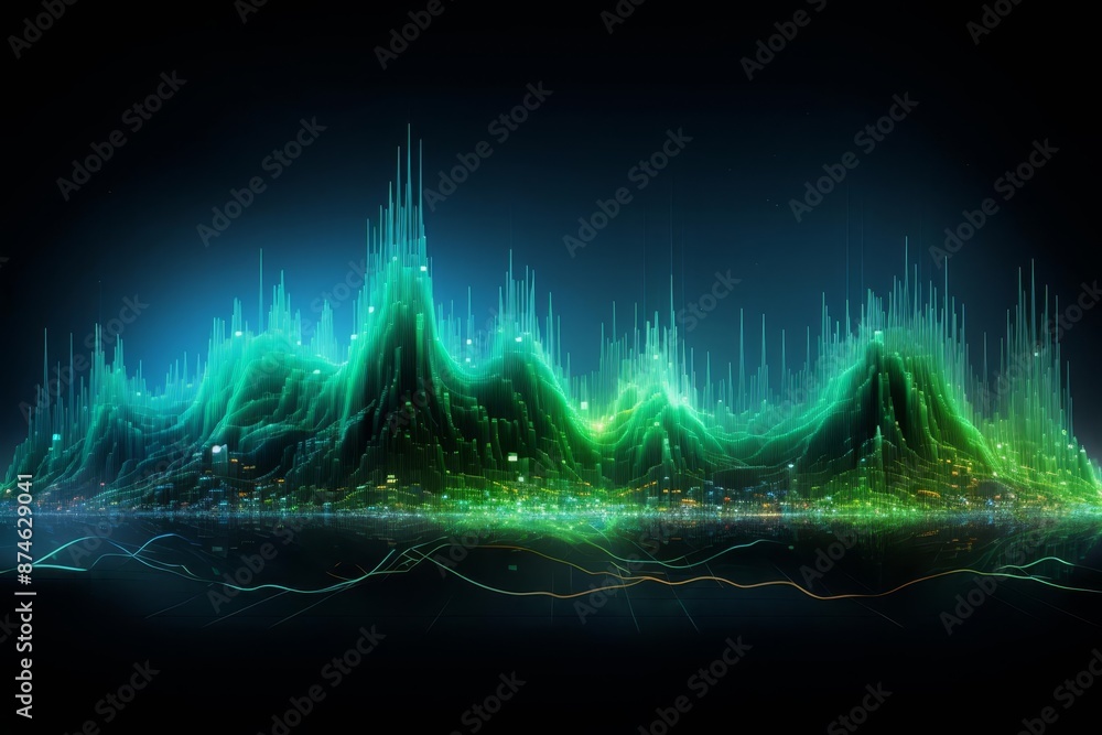 A cascade of neon green and blue waves, resembling digital sound frequencies A cascade of neon green and blue waves, resembling digital sound frequencies
