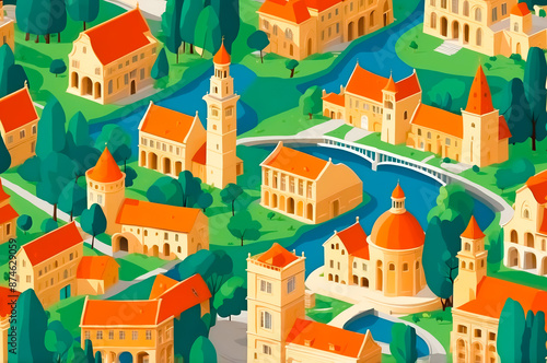 Isometric Illustration of a European Cityscape with Buildings and a Winding River © Rysak