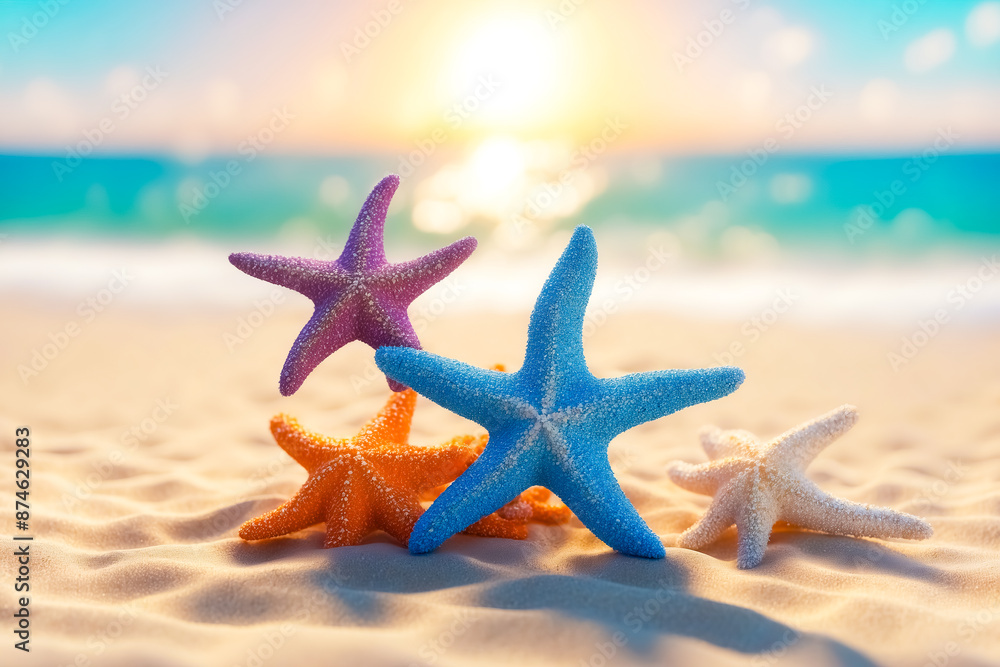 Colorful Starfish on a Sandy Beach at Sunset Colorful Starfish on a Sandy Beach at Sunset