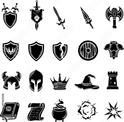 Pixel perfect icon set of medieval items RPG game UI kit knight warrior weapon sword shield potion. Flat icons vector illustrations isolated on transparent background