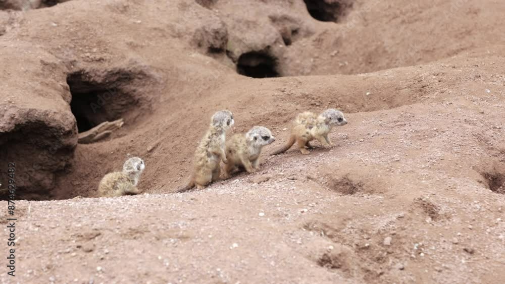 A group of meerkats close-up. A family of meerkats having fun on their territory on a warm day. A group of meerkats close-up. A family of meerkats having fun on their territory on a warm day.