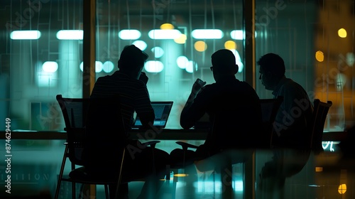 Web Development Dreams Come True: Silhouetted Developers in Discussion with Company Logo