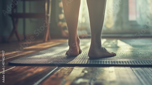 Image of a person's bare feet standing on a woven mat indoors with sunlight streaming through a window.