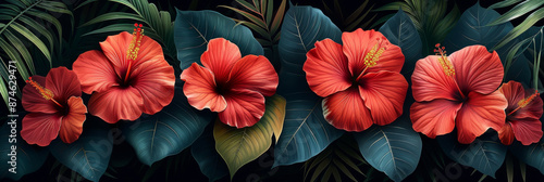 Wallpaper Mural Tropical vintage floral palm leaves red hibiscus flower seamless pattern black background Exotic jungle wallpaper  Torontodigital.ca