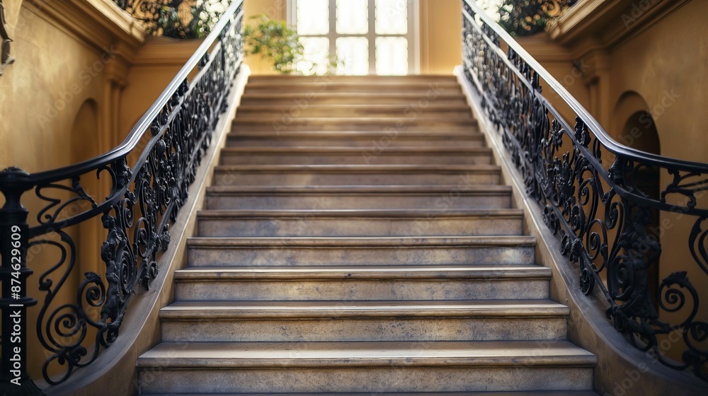 Obraz premium Elegant staircase with ornate wrought iron railing and golden light filtering through windows.