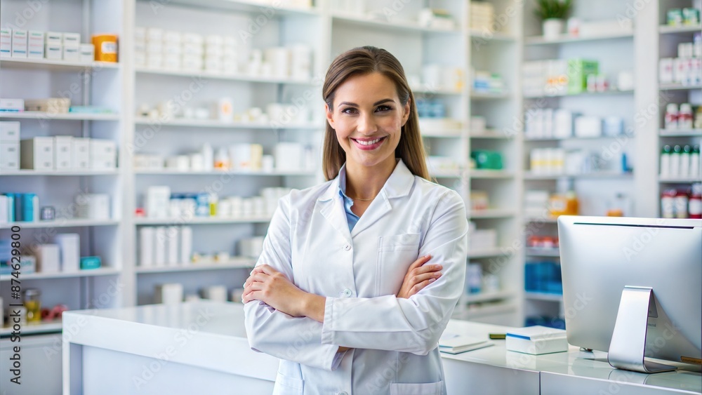 Pharmacy, pharmacist or portrait of woman with arms crossed on the right or smile in customer services or clinic. Healthcare help desk, wellness or happy doctor smiling by medication on shelf in drugs Pharmacy, pharmacist or portrait of woman with arms crossed on the right or smile in customer services or clinic. Healthcare help desk, wellness or happy doctor smiling by medication on shelf in drugs