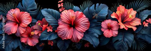 Vintage Exotic night garden with beautiful exotic flowers dark leaves exotic insects birds background, 