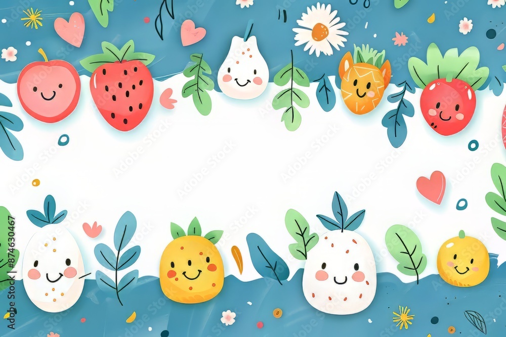 Naklejka premium Whimsical Fruits and Flowers in a Playful Garden