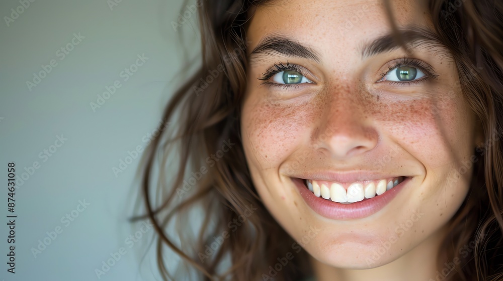 Close-up portrait of a young woman with long brown hair and green eyes, smiling brightly. Close-up portrait of a young woman with long brown hair and green eyes, smiling brightly.