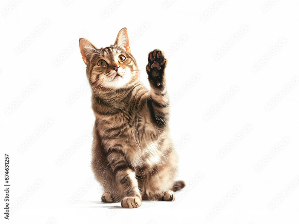 Cat saying hello with paw. On white background, copy space