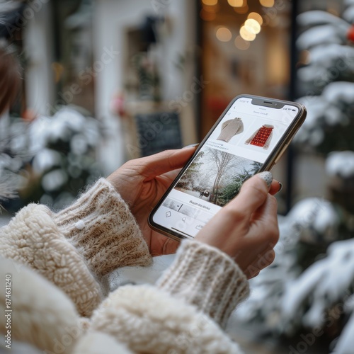 A woman is holding a cell phone and looking at a fashion app