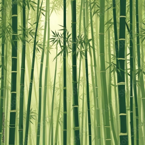 In the green garden, towering bamboo stalks dominate the landscape, their leaves rustling softly. The vibrant green leaves create a calming oasis, the sun peeks through the foliage.