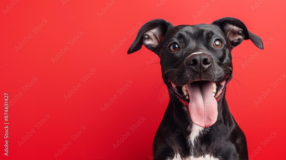 A black and white dog with its tongue hanging out looks at the camera with a happy expression. A black and white dog with its tongue hanging out looks at the camera with a happy expression.