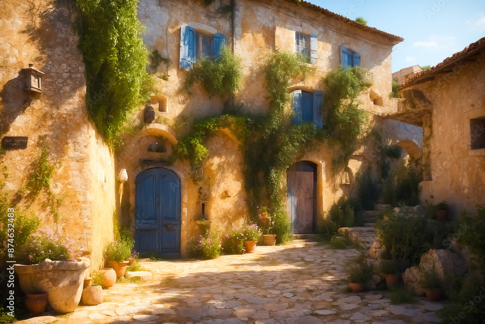 Fototapeta premium Charming Stone Courtyard with Vines and Blue Doors