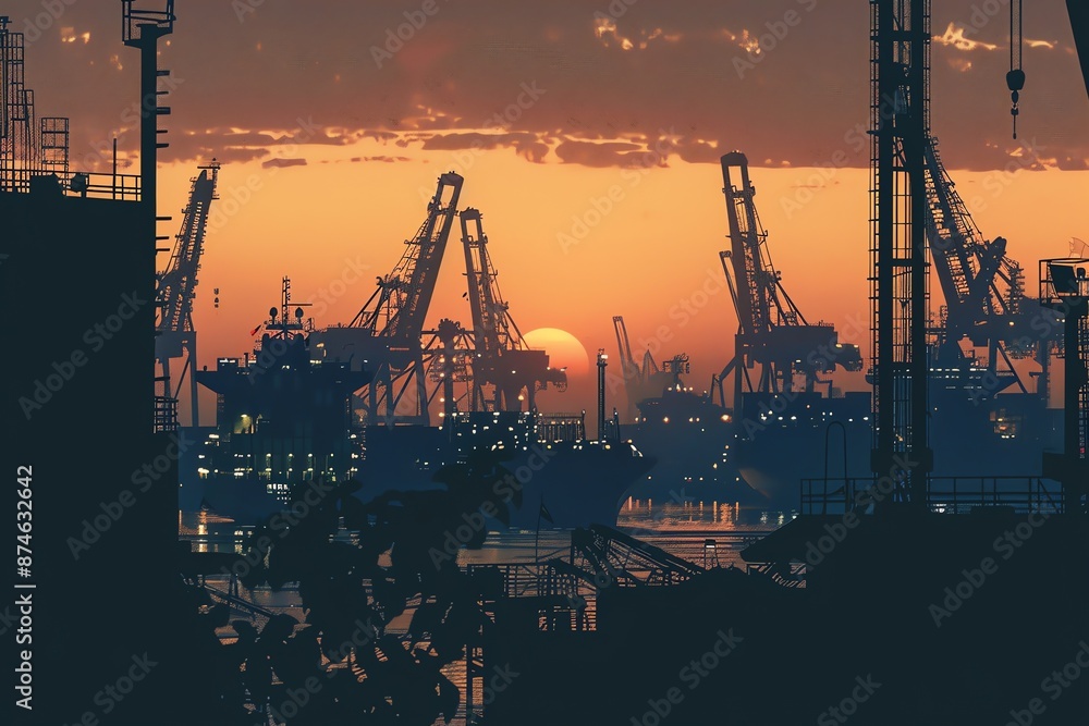 Obraz premium Silhouettes of cranes and ships at sunset in a busy port.