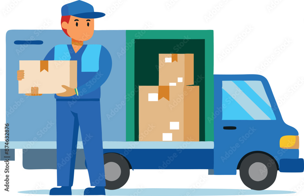 A man is standing next to a blue truck with boxes on it A man is standing next to a blue truck with boxes on it