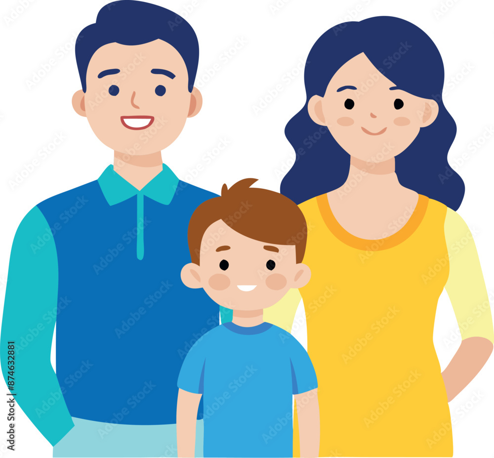 A family of three, a man, a woman and a child, are smiling for the camera A family of three, a man, a woman and a child, are smiling for the camera