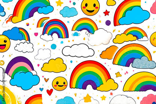 Colorful Rainbow and Cloud Pattern on White Background