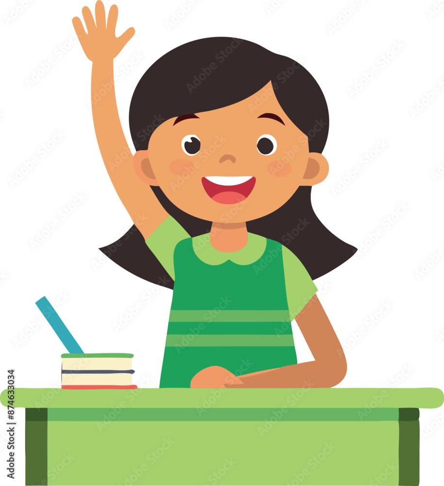 A girl is sitting at a desk with a book in front of her
