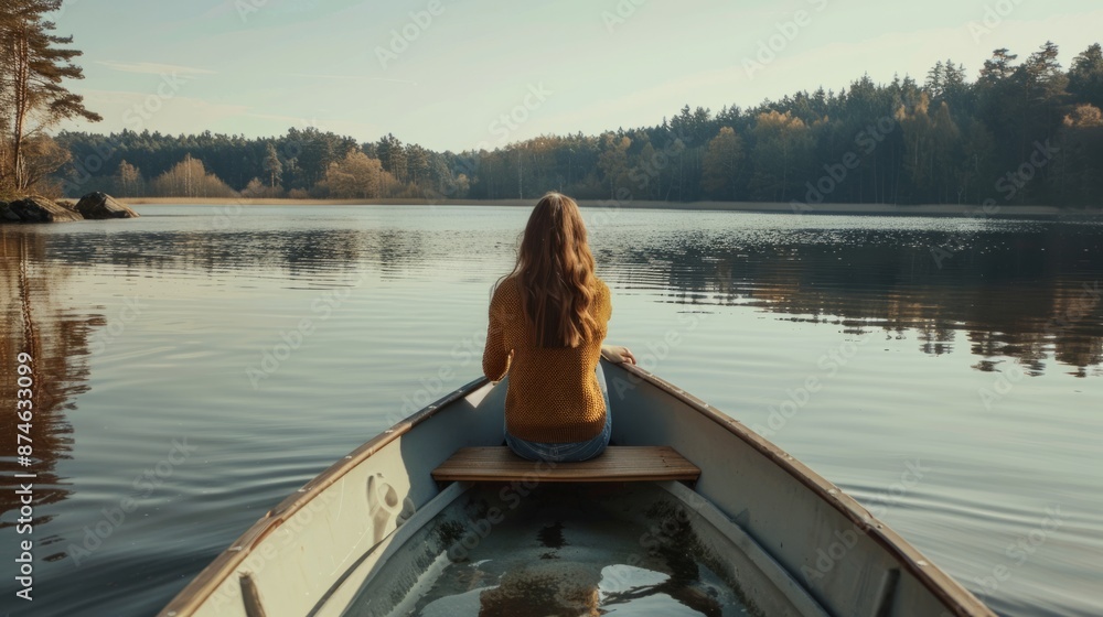 young woman sitting in a small rowboat, with a beautiful lake in front of her generative ai young woman sitting in a small rowboat, with a beautiful lake in front of her generative ai