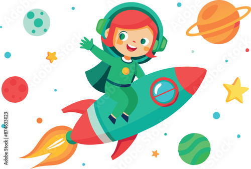 A young girl is riding a rocket in space