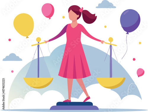 A woman is standing on a scale with two balloons on each side