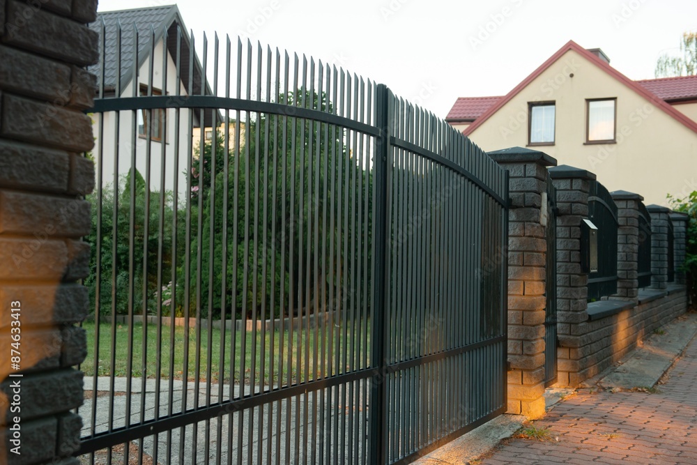 Beautiful brick fence with iron railing outdoors Beautiful brick fence with iron railing outdoors