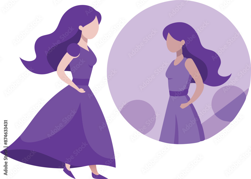 A woman in a purple dress is reflected in a mirror A woman in a purple dress is reflected in a mirror