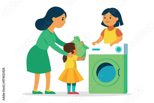 A woman is helping a little girl put her clothes in the dryer