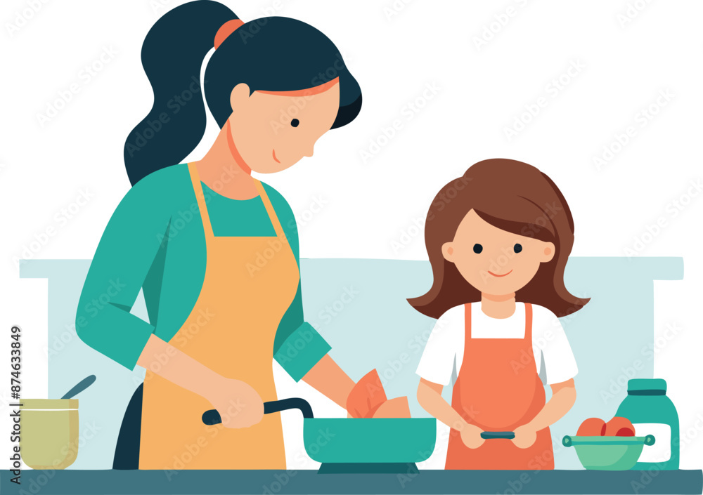 A woman and a child are cooking together A woman and a child are cooking together