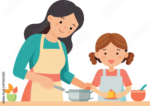 A woman is cooking with a child