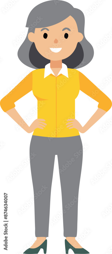 A woman in a yellow shirt and gray pants is smiling A woman in a yellow shirt and gray pants is smiling
