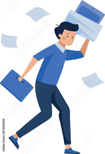 A man in a blue shirt is running with a briefcase and papers in his hands