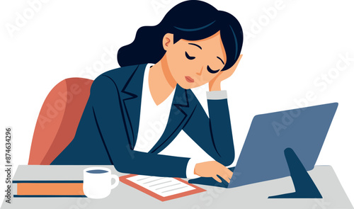 A woman is sitting at a desk with a laptop and a cup of coffee