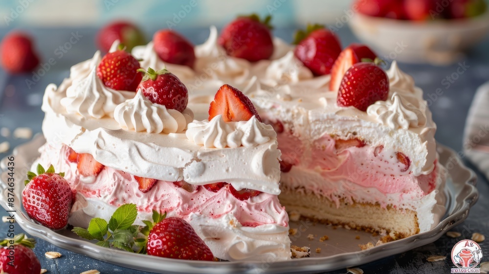Meringue cake covered with strawberry yogurt, decorated with fresh strawberries generative ai Meringue cake covered with strawberry yogurt, decorated with fresh strawberries generative ai