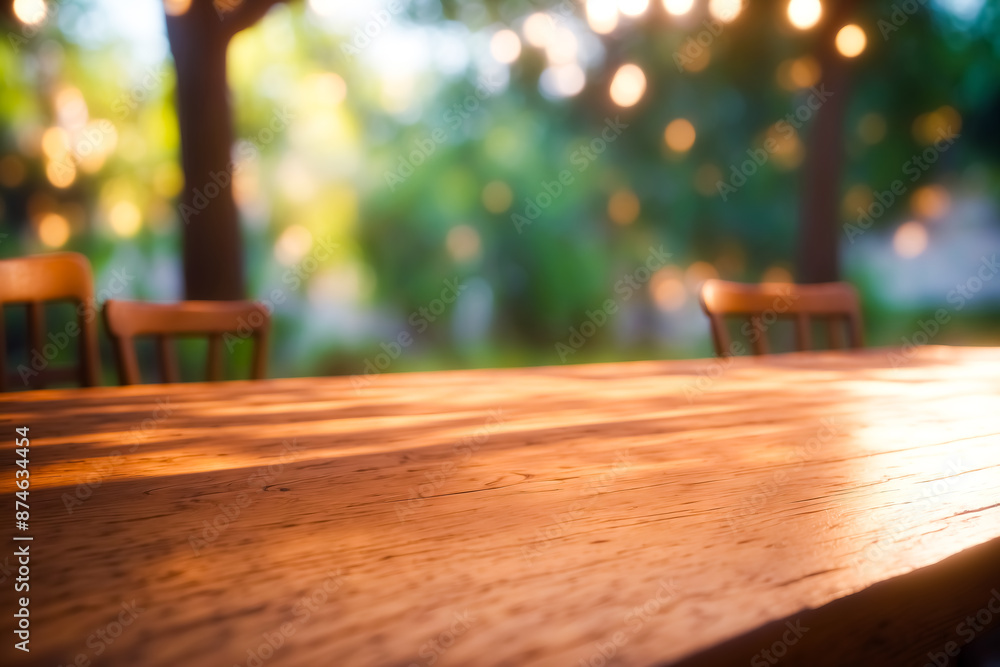 Wooden Table with Blurred Background of Green Trees and Lights Wooden Table with Blurred Background of Green Trees and Lights