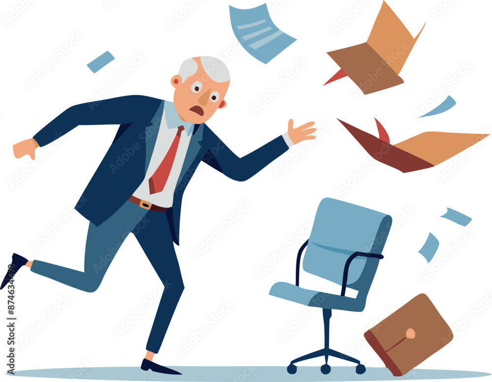 A man in a suit is running away from a chair that has been knocked over A man in a suit is running away from a chair that has been knocked over
