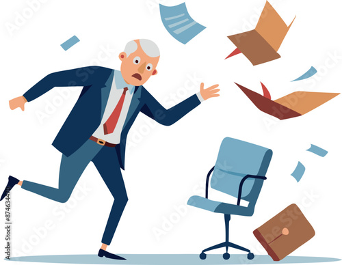 A man in a suit is running away from a chair that has been knocked over