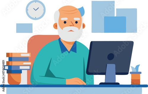 An older man is sitting at a desk with a computer monitor and a clock