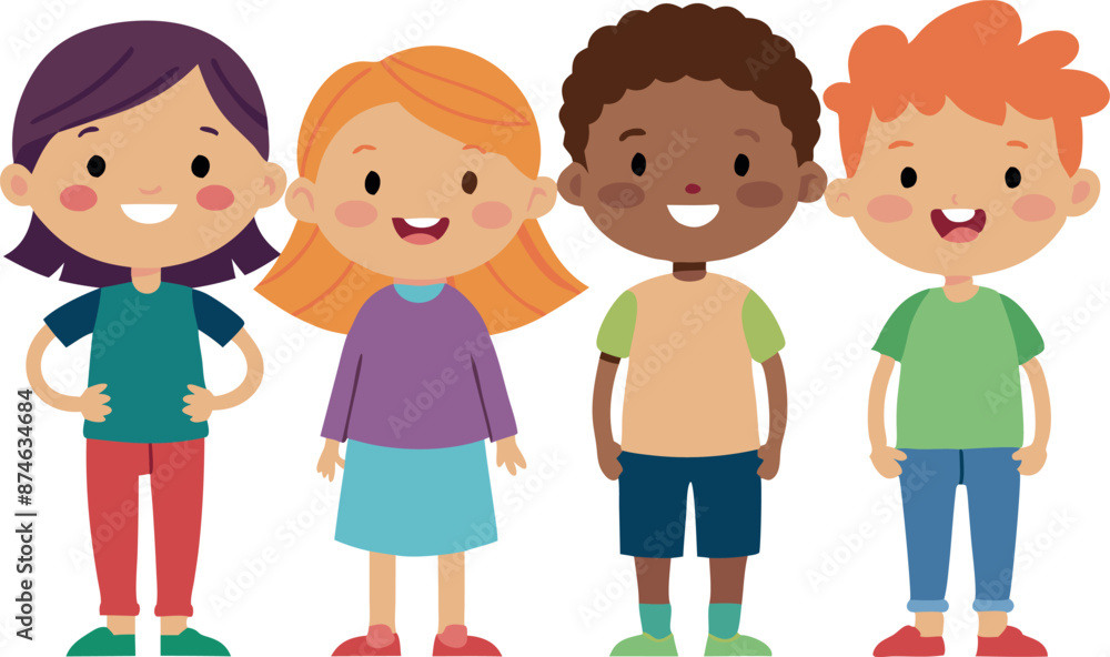 Four children are standing in a row, smiling and looking at the camera Four children are standing in a row, smiling and looking at the camera
