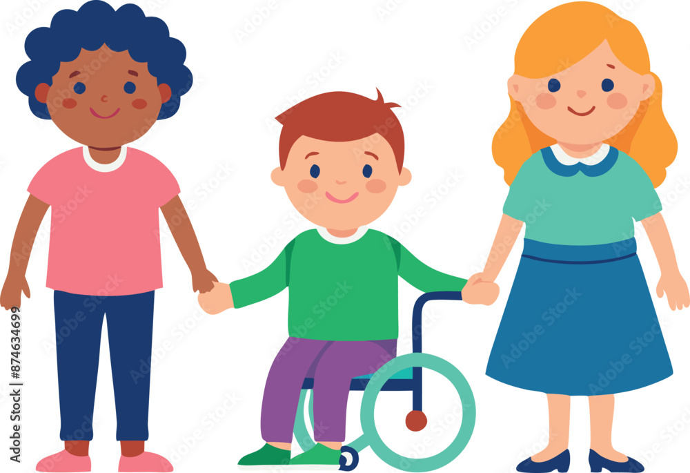Three children are holding hands with a child in a wheelchair Three children are holding hands with a child in a wheelchair