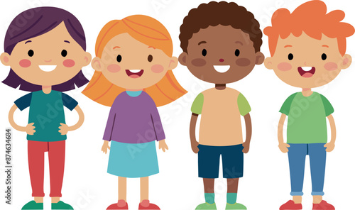 Four children are standing in a row, smiling and looking at the camera