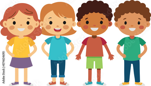 Four children are standing in a row, smiling and posing for a picture